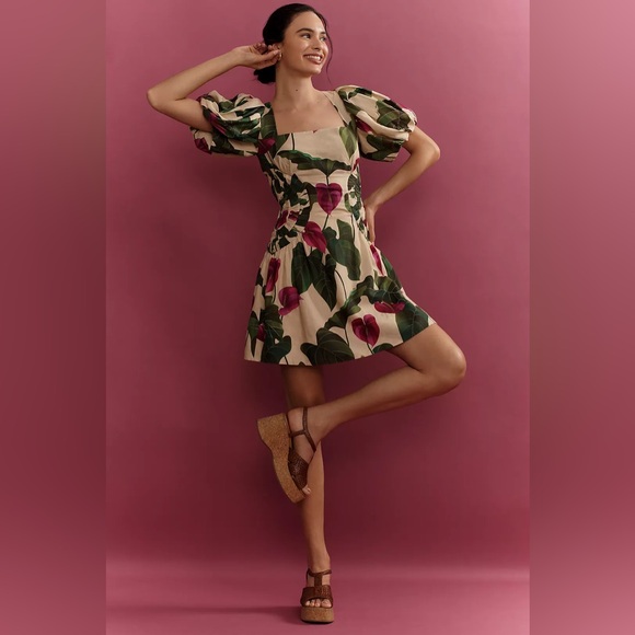 NWT Farm Rio Anthurium Leaves Linen Blend Short-Sleeve Square-Neck Dress - Picture 4 of 7